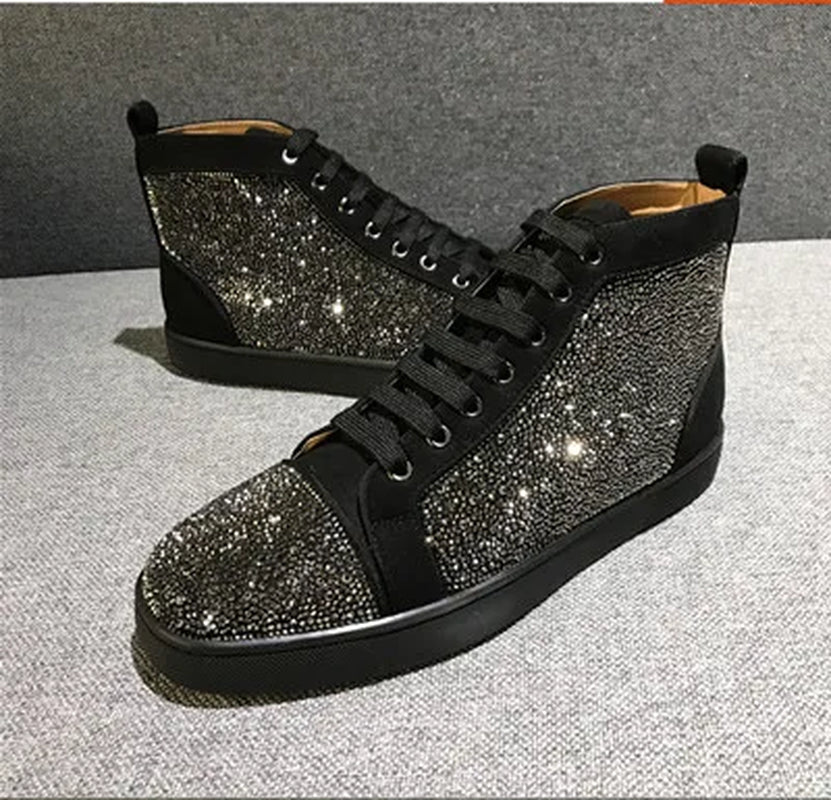 Bling Crystal Fashion Breathable Men'S Sneakers Lace up Precious Flats Men Large Size Walking Casual Men Shoes