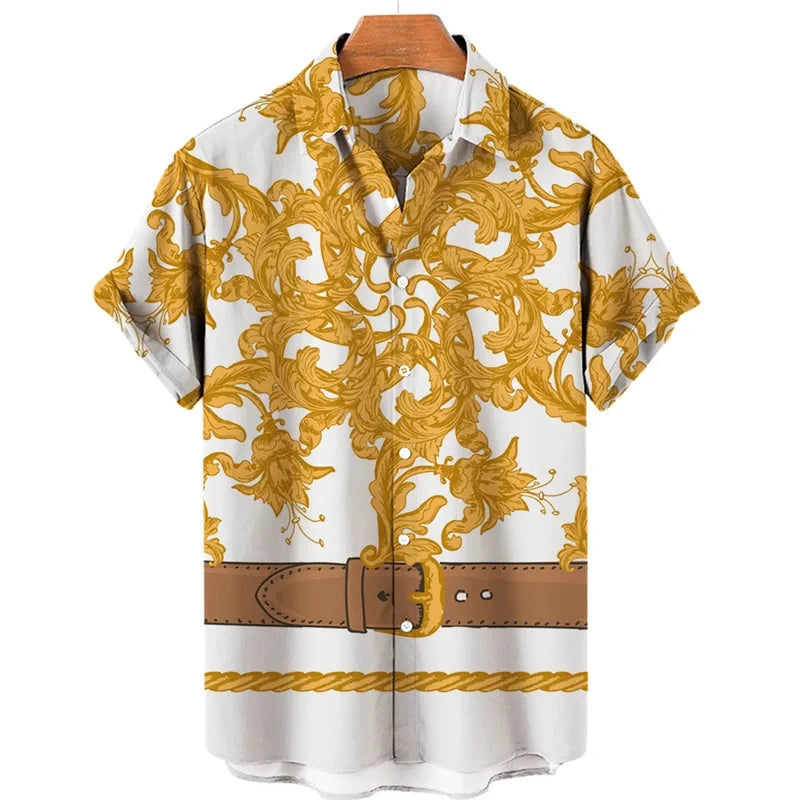 Luxury Baroque Style Shirt for Men Clothing 3D Printed Hawaiian Beach Shirts Short Sleeve Y2K Tops Vintage Lapel Man Clothes