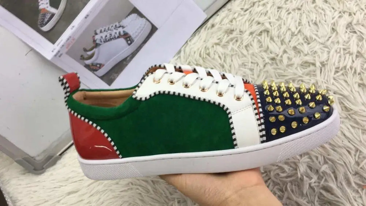 Mixed Color Men'S Casual Flats Shoes Patchwork Spikes Head Lace up Flock Luxury Brand Men Shoes Leisure Style Men Shoes