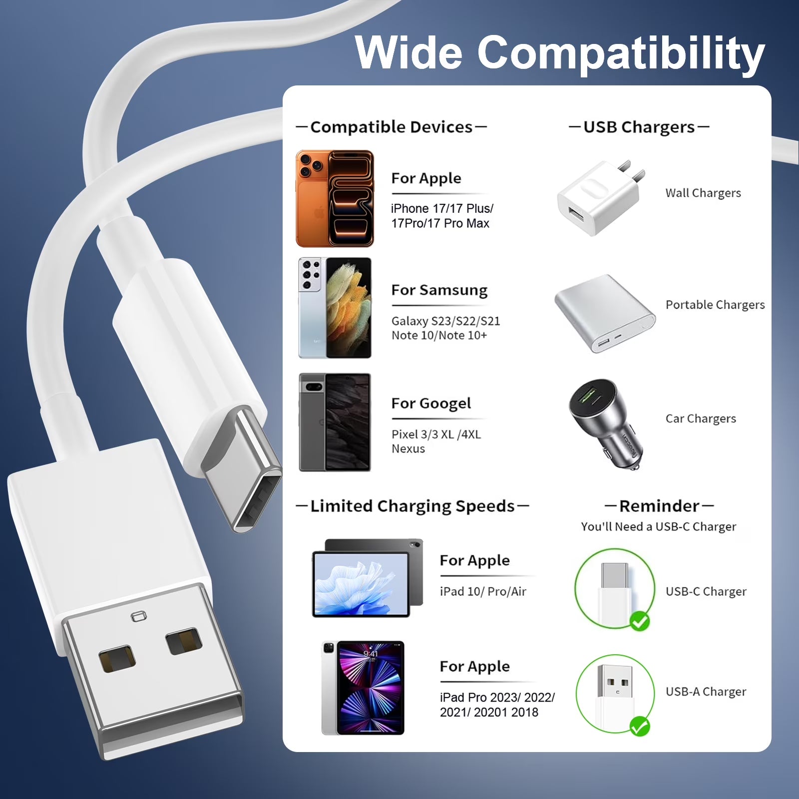 3.3FT Car Carplay Cable for Iphone 17 16 15 Pro plus Pro Max Air, 3Pack USB a to C Cable Compatible with Iphone 17 16 15,Type C Charger for Ipad Pro/Air/Mini,For Galaxy S25 S24