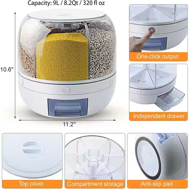 Hot Sale 6-Grid Rotary Grain Buckets Rice Dispenser Kitchen Food Grain Dispenser with Lid