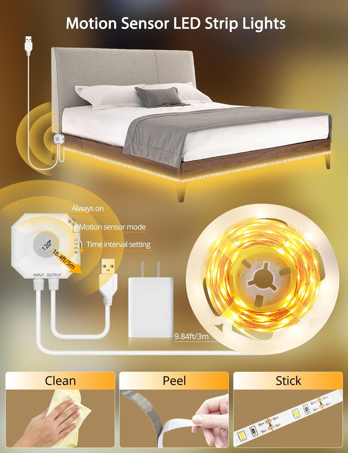 Motion Sensor Light Indoor under Bed Lights under Cabinet Lights, Motion Activated Led Light Strip for Bedroom,Warm White LED Closet Light Motion Sensored under Cabinet Lighting NO APP