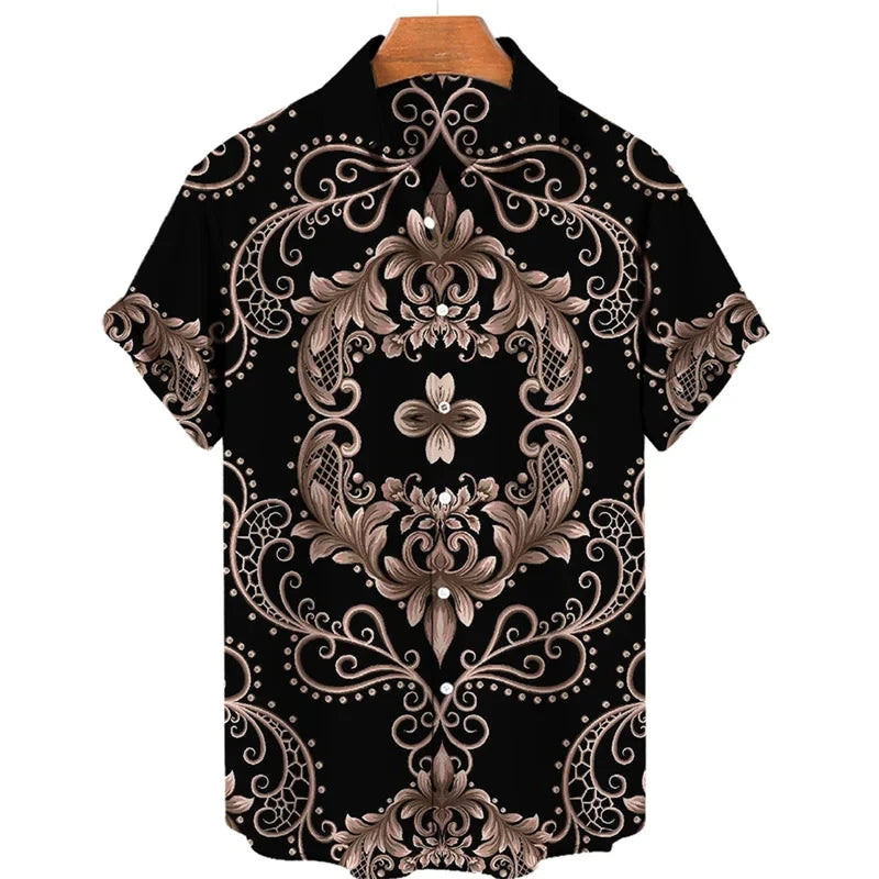 Luxury Baroque Style Shirt for Men Clothing 3D Printed Hawaiian Beach Shirts Short Sleeve Y2K Tops Vintage Lapel Man Clothes