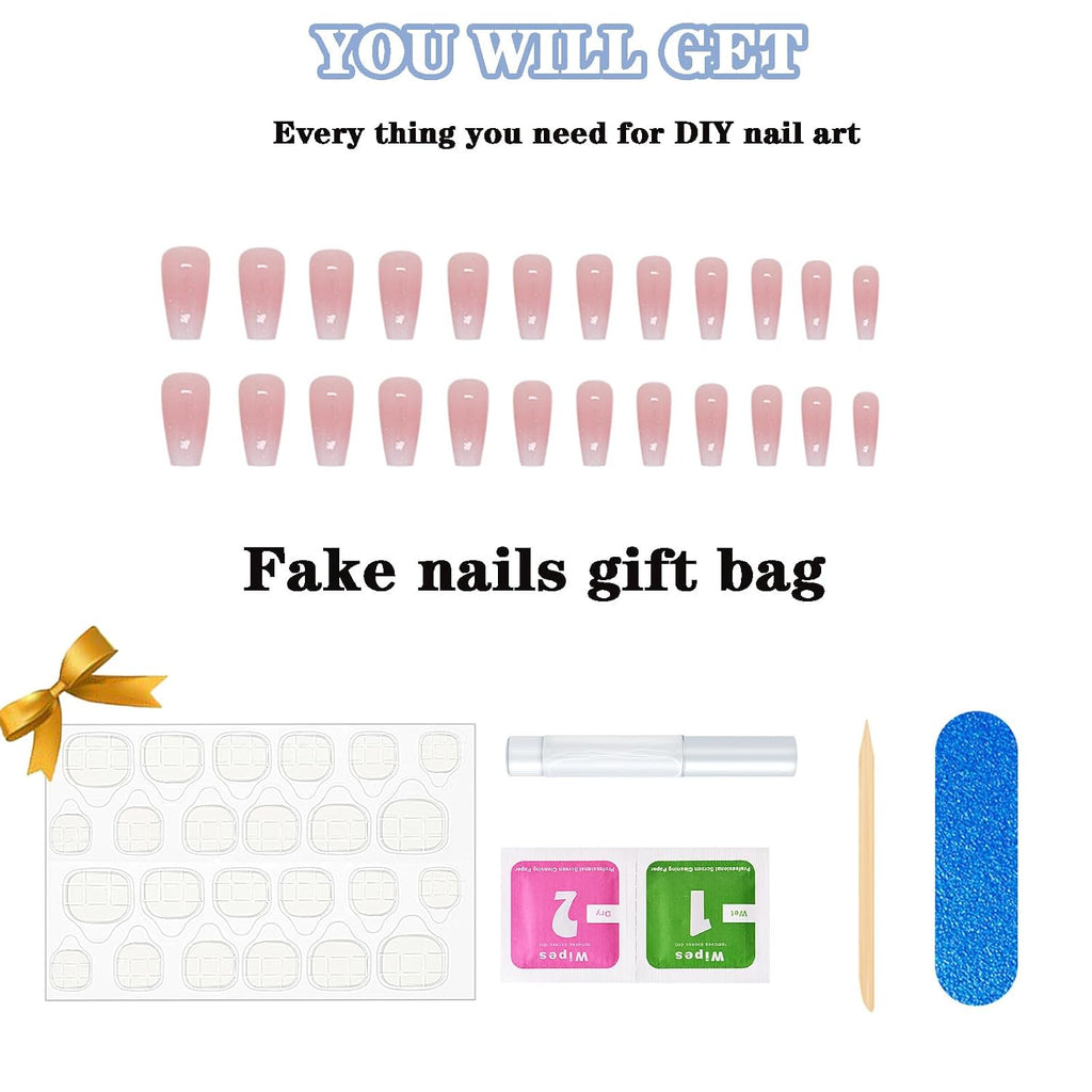 Long Press on Nails Square Fake Nails Pink Ombre Glue on Nails Coffin Press on Nails False Nails with Glossy Glitter Powder Designs Nails Press on Artificial Nails Stick on Nails for Women Girls 24Pcs