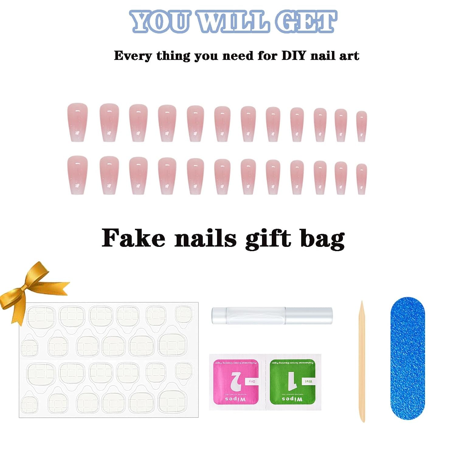 Long Press on Nails Square Fake Nails Pink Ombre Glue on Nails Coffin Press on Nails False Nails with Glossy Glitter Powder Designs Nails Press on Artificial Nails Stick on Nails for Women Girls 24Pcs