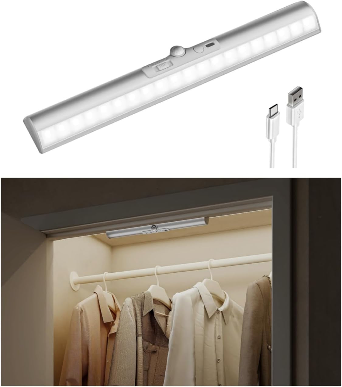 13-Inch Motion Sensor Closet Light, LED Rechargeable Closet Light with Adjustable Sensor, 3 Colors & Dimmable, No Glare, Magnetic Motion Lights Indoor for Closet, Pantry, Stairs
