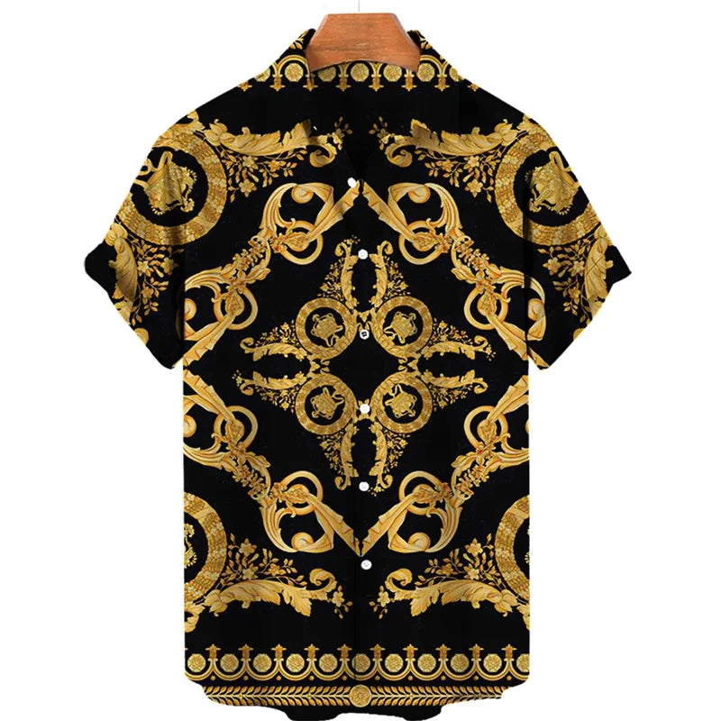 Luxury Baroque Style Shirt for Men Clothing 3D Printed Hawaiian Beach Shirts Short Sleeve Y2K Tops Vintage Lapel Man Clothes