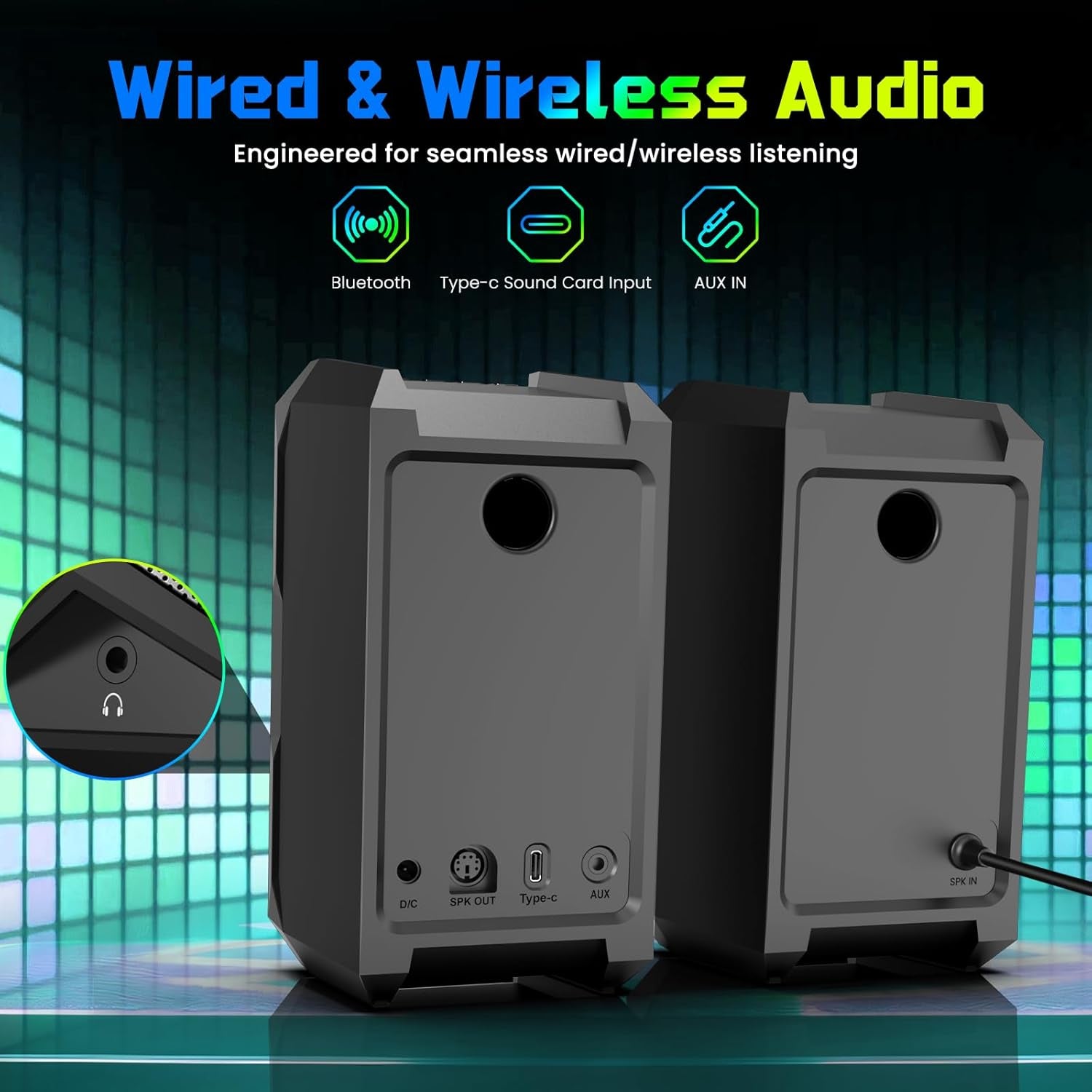 Computer Speakers for Music and Gaming, DC Adapter Powered Speakers for Desktop PC or Laptop, Bluetooth 5.3 Desktop Speaker, 10 RGB Modes, 3.5Mm Aux In, Headphone Port, Type-C Port, 30W, 3 EQ