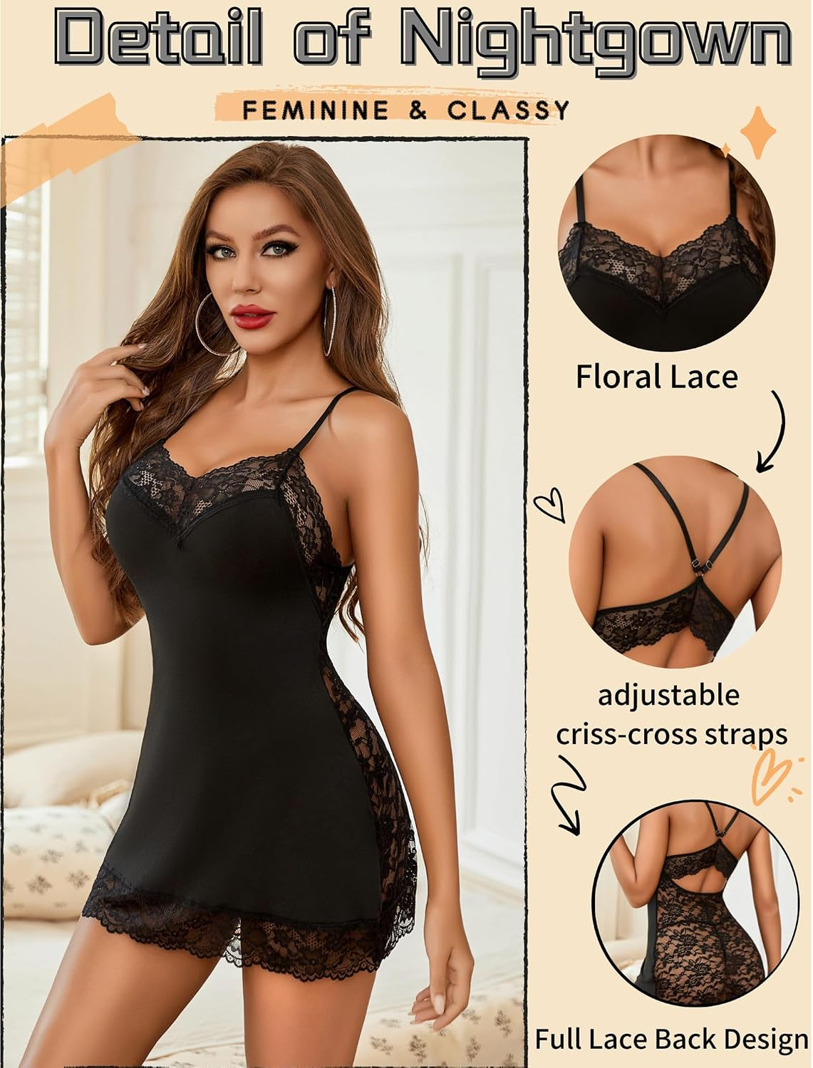 Lingerie for Women Sexy Babydoll Chemise Dress Lace Trim Sleepwear | Back Criss-Cross Straps Lingerie,V Neck Nightgown,Lace Trim Sleep Dress,Full Slip Nightwear for Date Night