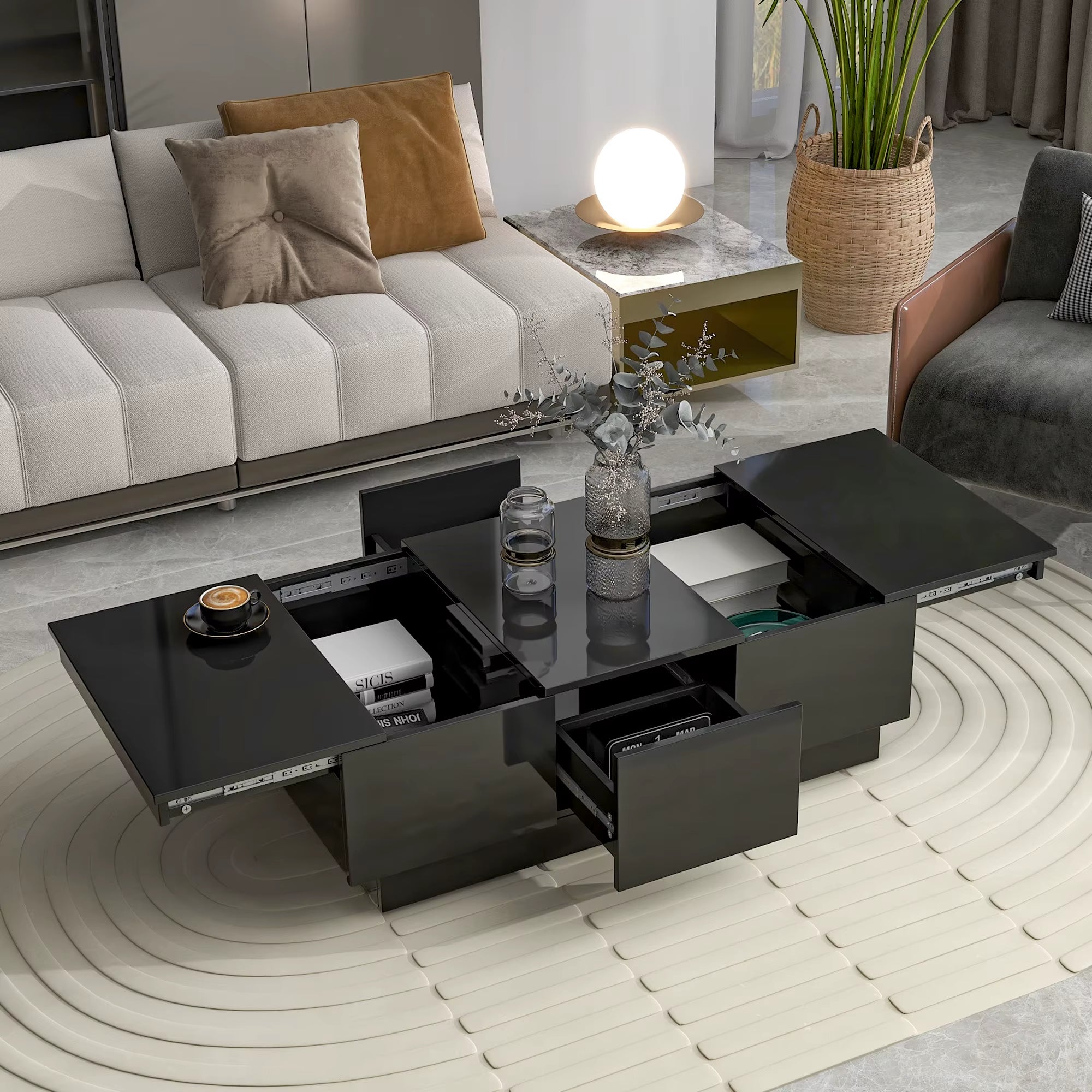 ON-TREND Coffee Table 2 Large Hidden Storage Compartments Extendable Design 2 Drawers High-Gloss Sliding Top Living Room Sets
