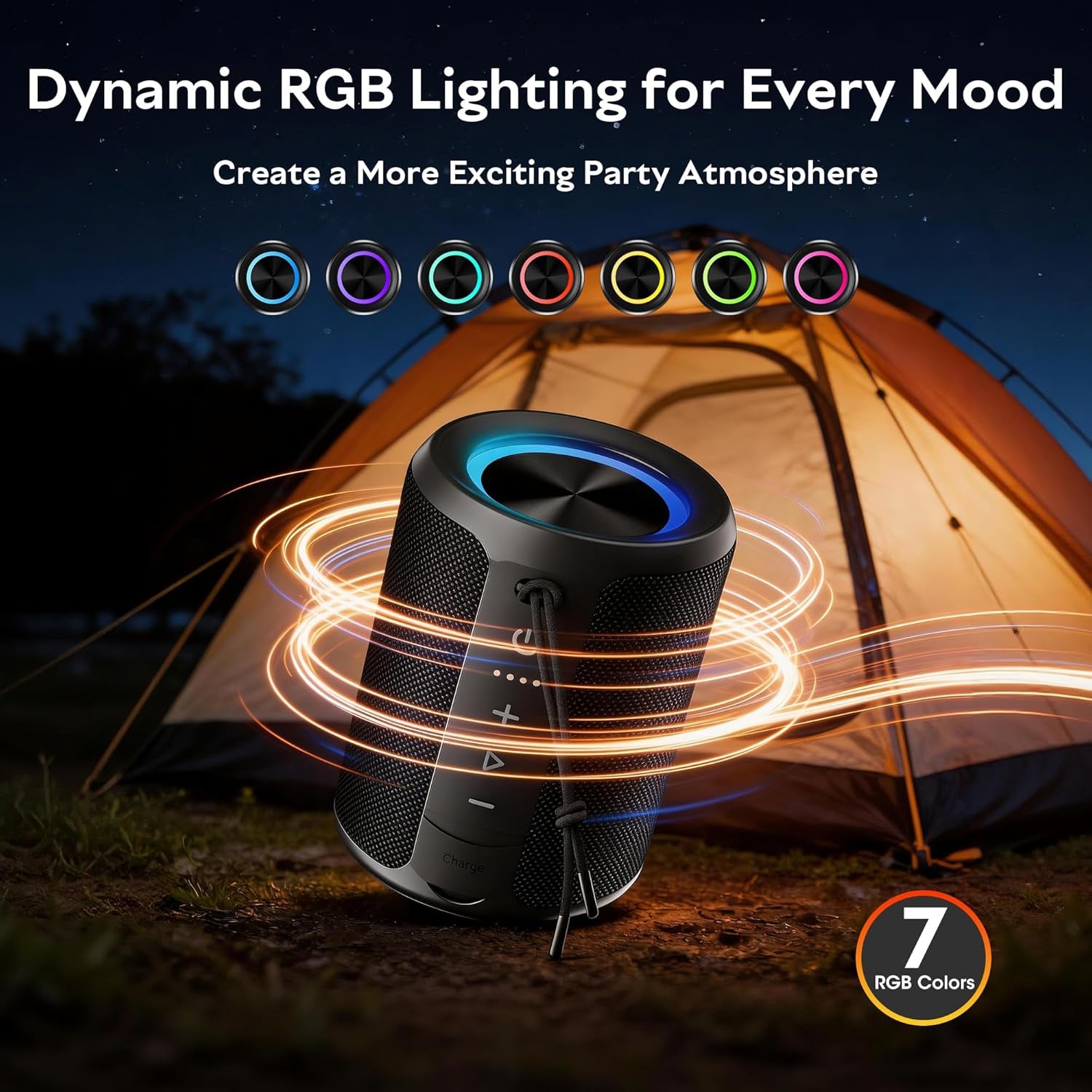 Portable Bluetooth Speaker, IPX7 Waterproof Wireless Speaker with 20W Loud Stereo Sound, 15H Playtime & Beat-Synced RGB Light, Small Outdoor Speaker for Shower, Pool, Beach, Hiking and Gifts