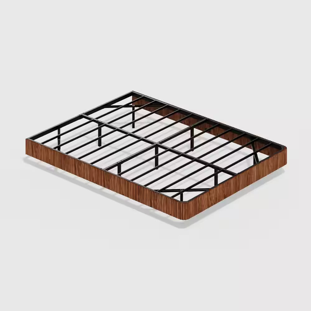 Erwin Walnut Brown Wood Frame Queen Floating Platform Bed with LED Lights, Curve Wood Texture, Metal Slats