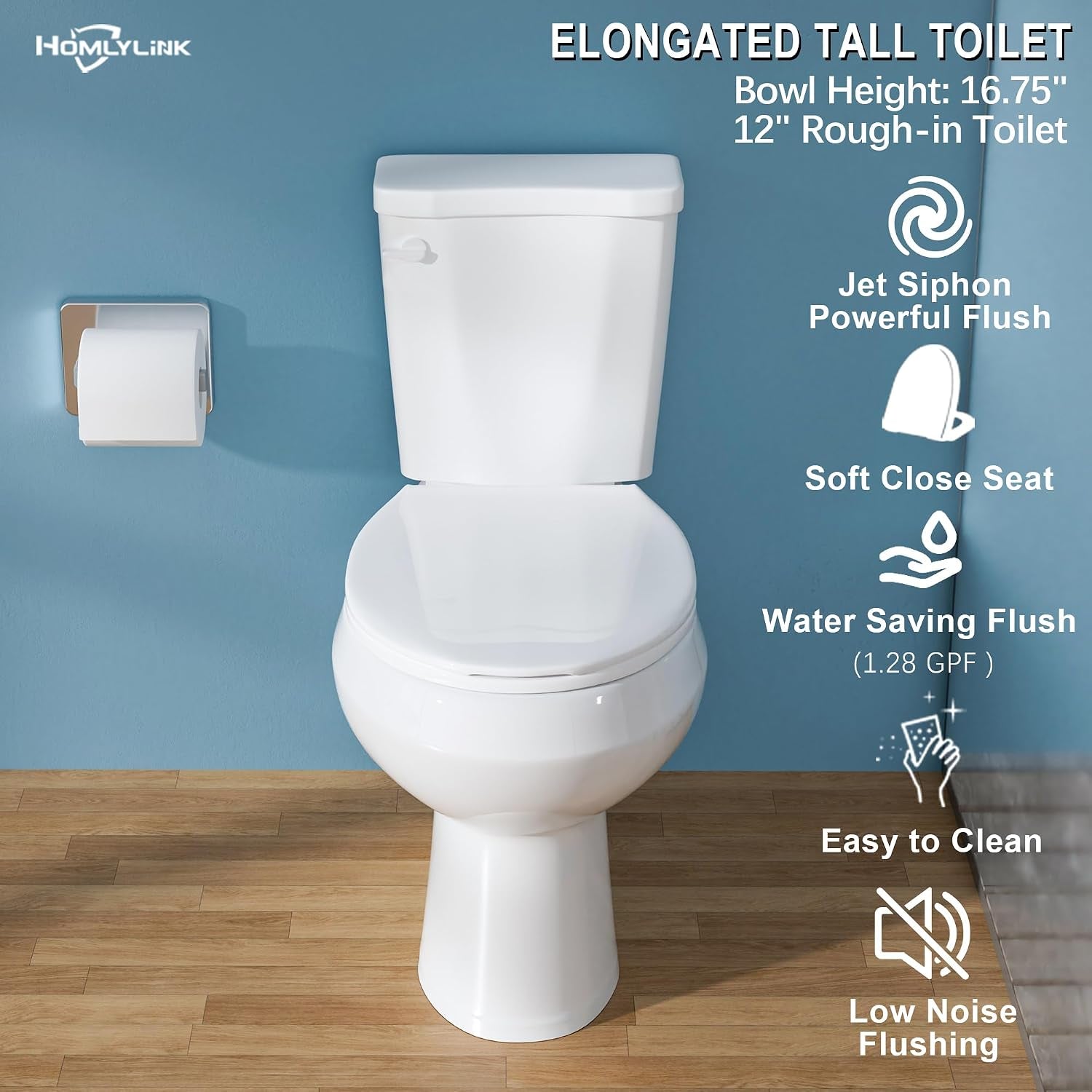 17.5 Inch ADA Elongated Tall Toilet for Seniors 1.28 GPF White | Two Piece Single Flush High Toilet for Bathroom, Comfort Bowl Height 16.75", 12" Rough In