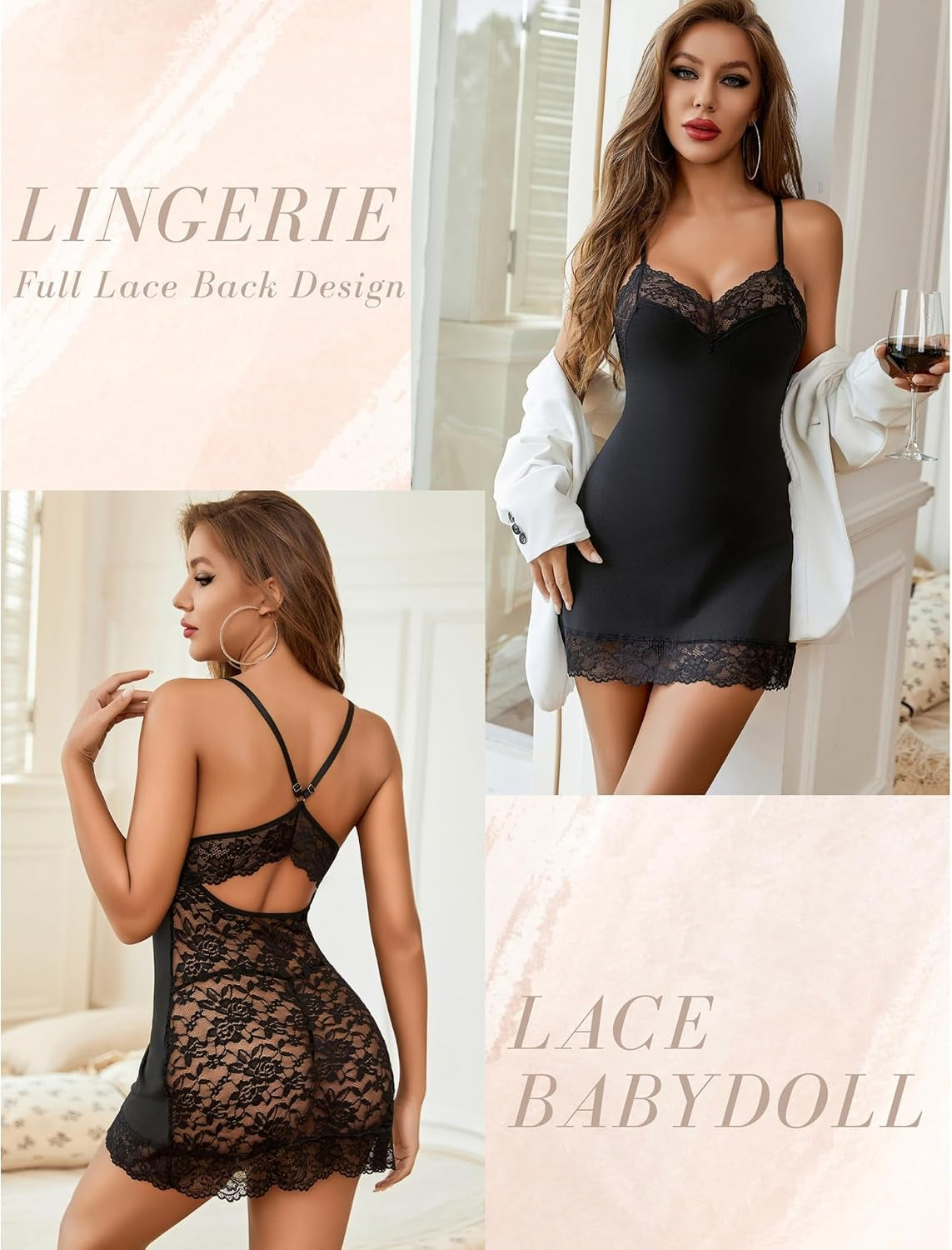 Lingerie for Women Sexy Babydoll Chemise Dress Lace Trim Sleepwear | Back Criss-Cross Straps Lingerie,V Neck Nightgown,Lace Trim Sleep Dress,Full Slip Nightwear for Date Night