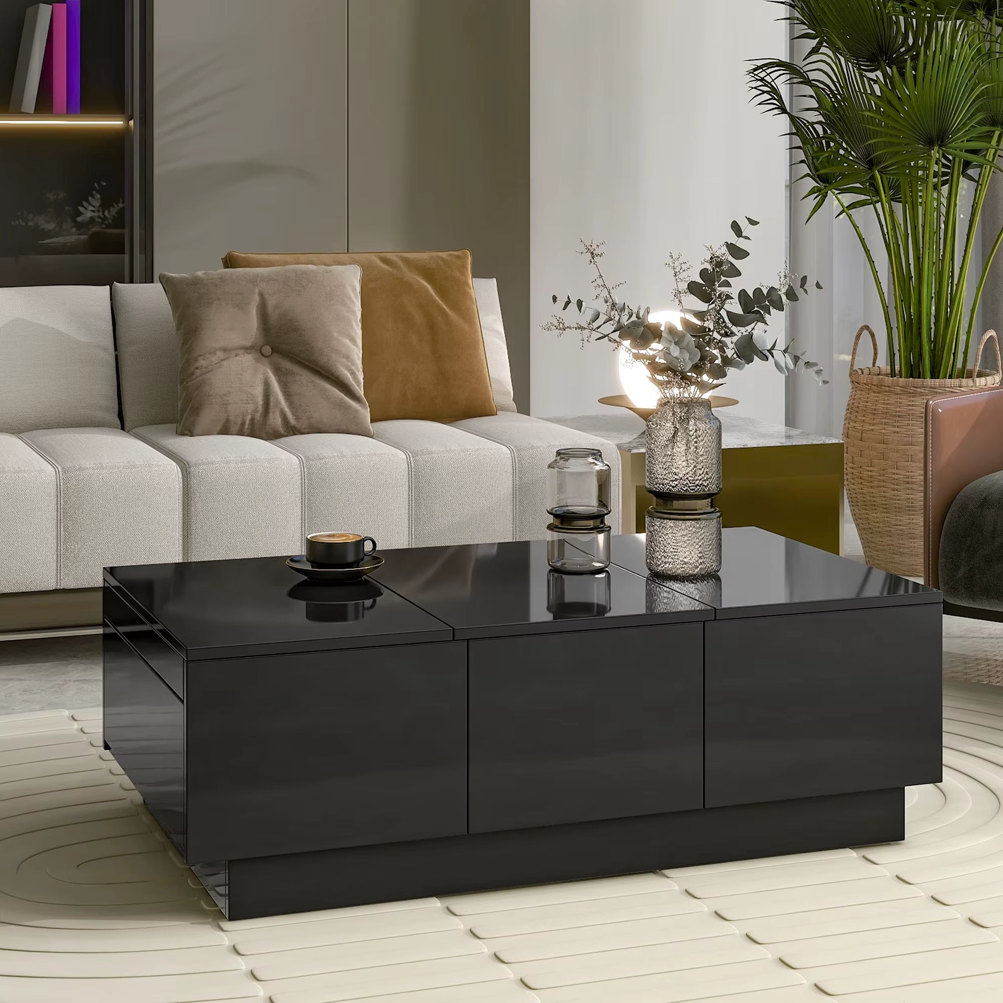 ON-TREND Coffee Table 2 Large Hidden Storage Compartments Extendable Design 2 Drawers High-Gloss Sliding Top Living Room Sets