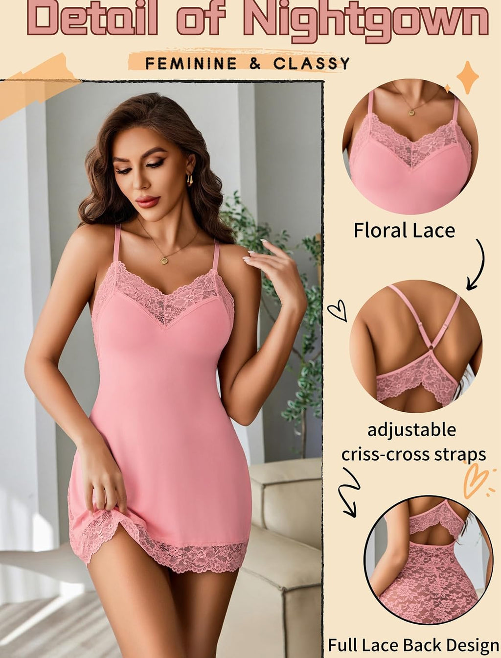 Lingerie for Women Sexy Babydoll Chemise Dress Lace Trim Sleepwear | Back Criss-Cross Straps Lingerie,V Neck Nightgown,Lace Trim Sleep Dress,Full Slip Nightwear for Date Night