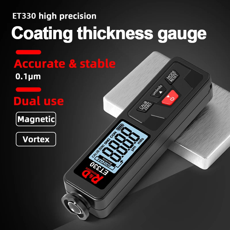 R&D Et330+Zn Car Paint Thickness Gauge Electroplate Metal Coating Thickness Gauge for Car 0-1500Um Fe & Nfe Coating Tester Meter