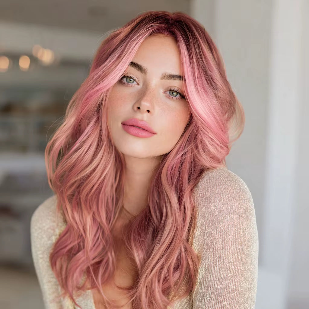 2026 New Fashion Ladies Transparent Lace Front Wig Pink Gradient Hair Tail Micro-Volume Synthetic Lace Wig-Sm9658