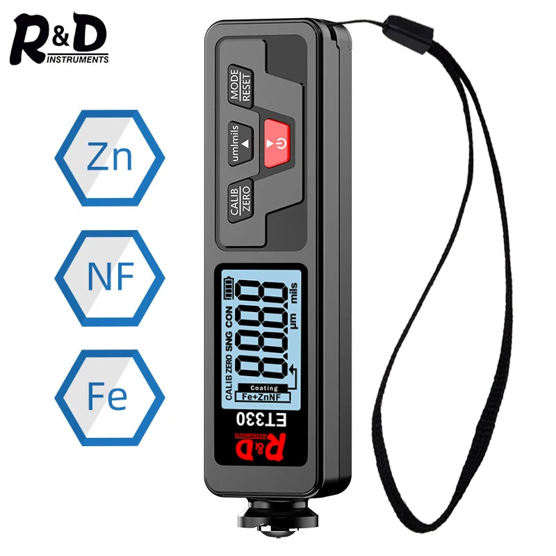 R&D Et330+Zn Car Paint Thickness Gauge Electroplate Metal Coating Thickness Gauge for Car 0-1500Um Fe & Nfe Coating Tester Meter
