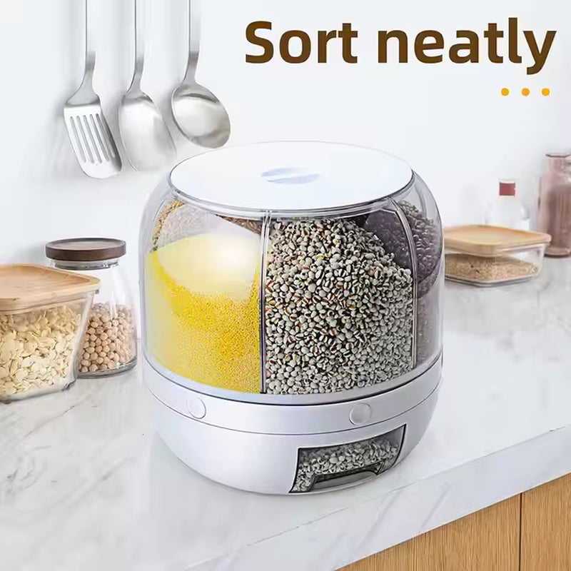Hot Sale 6-Grid Rotary Grain Buckets Rice Dispenser Kitchen Food Grain Dispenser with Lid