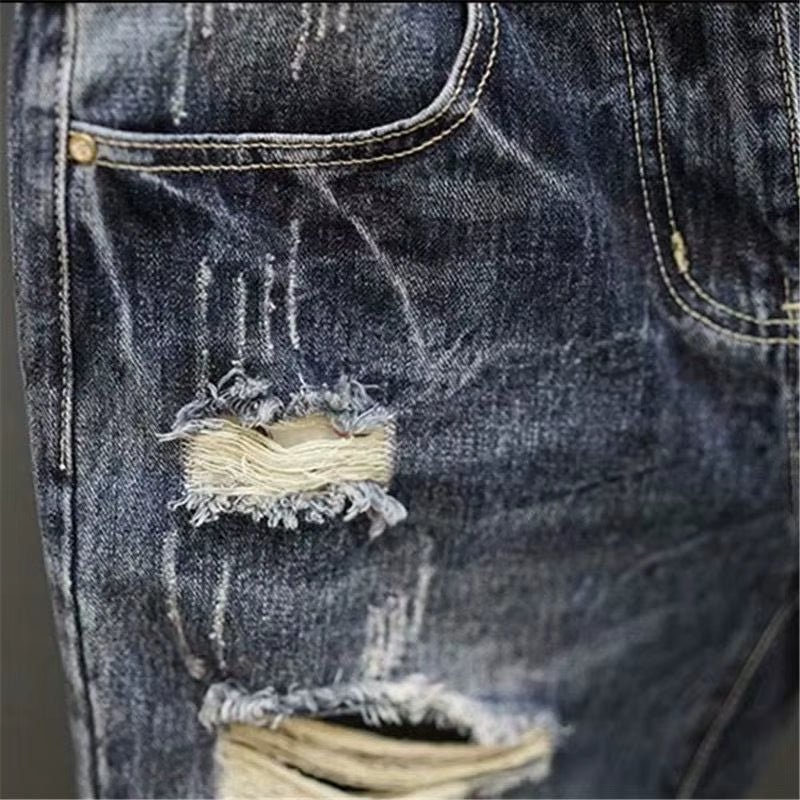 Fashion Vintage Korean Men'S Summer Denim Shorts with Distressed Holes Slim Fit Distressed Holes Designer Luxury Clothing Men