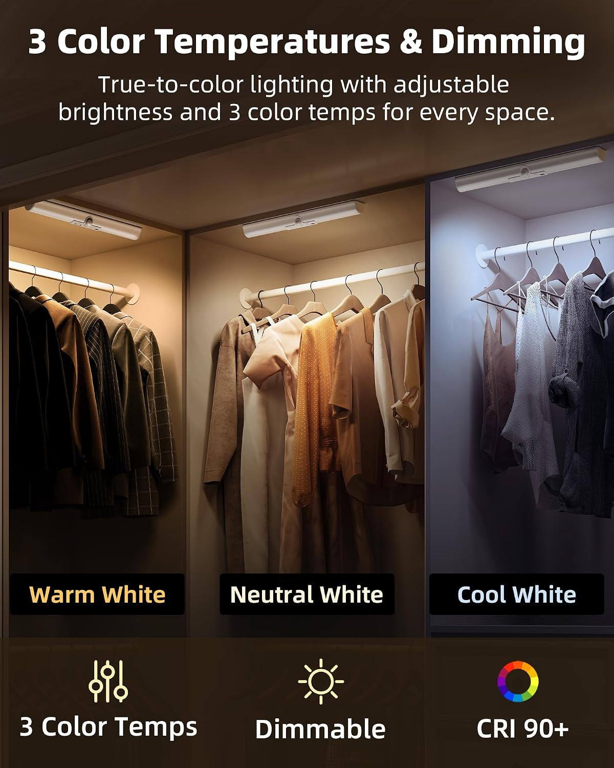 13-Inch Motion Sensor Closet Light, LED Rechargeable Closet Light with Adjustable Sensor, 3 Colors & Dimmable, No Glare, Magnetic Motion Lights Indoor for Closet, Pantry, Stairs