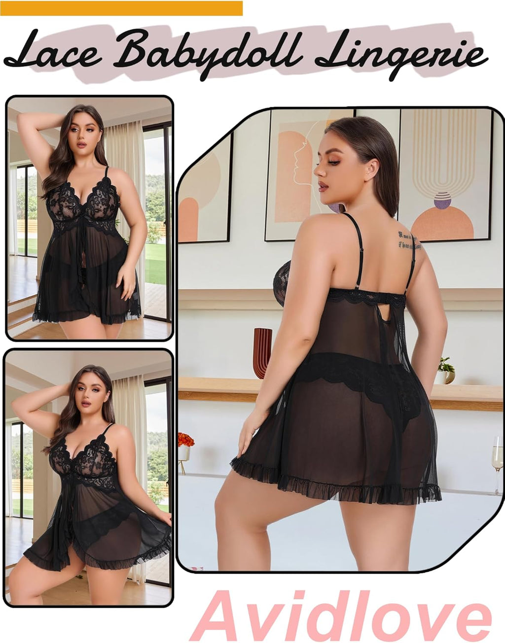 plus Size Lingerie for Women Sexy Open Front Lace Babydoll Dress | V-Neck Sleepwear,Sheer Mesh Lingerie Dress,Nightgown Thong 2 Piece,Chemise Strap Nightdress,Wedding for Bride,Valentines Day