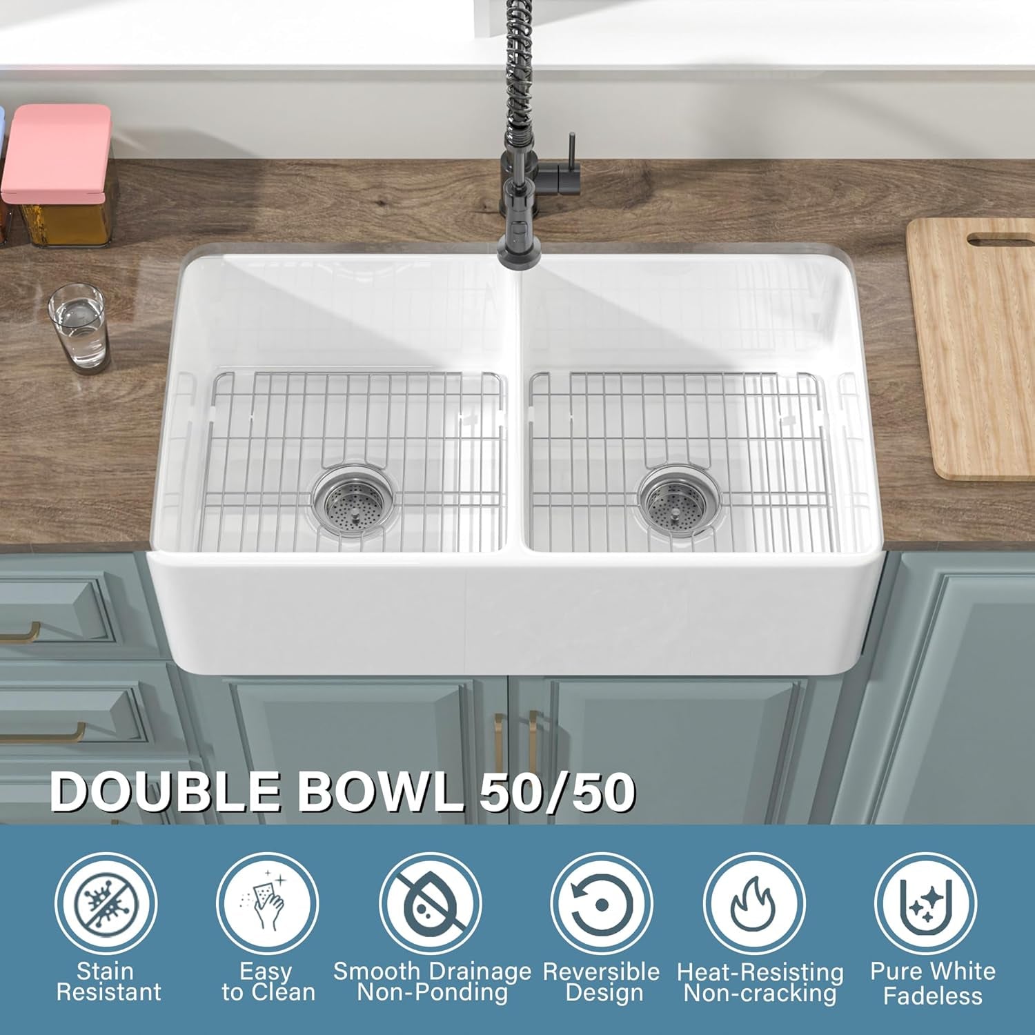 33" X 18" White Farmhouse Sink Double Bowl 50/50 for Kitchen | Fireclay Dual Bowl 50/50, Undermount Farm Style, Easy to Clean, Resistant to Stain,Chipping,Heat & Scratch. Non-Yellowing