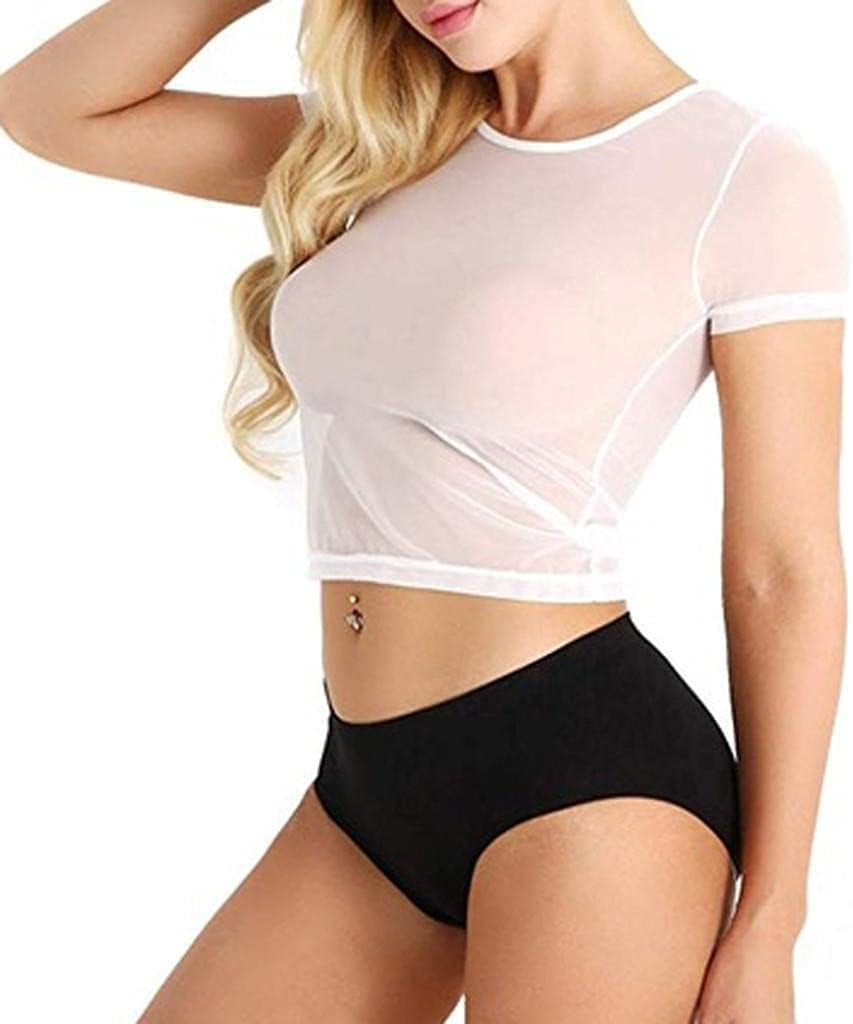 Women'S Sheer Lace Lingerie Mesh Short Sleeve Crop Tops Sexy T Shirt See through Sleepwear Casual Comfort Underwear