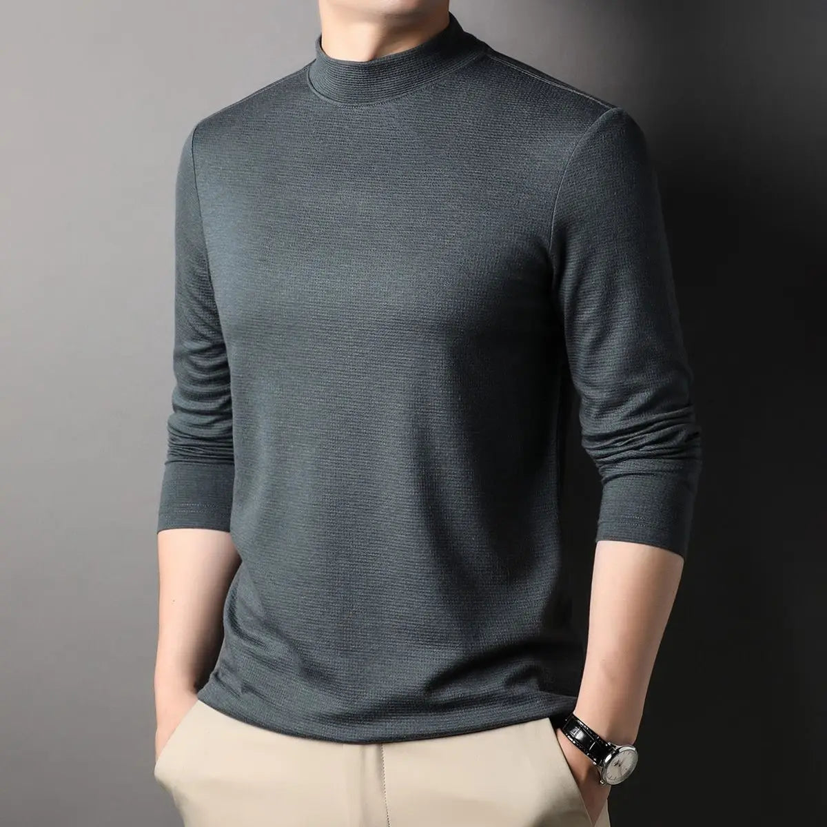 Fashion Stylish Men'S Tops Turtleneck Solid for Layering Oversized Modal T-Shirt Spring Autumn Classic Workwear Casual Tshirt