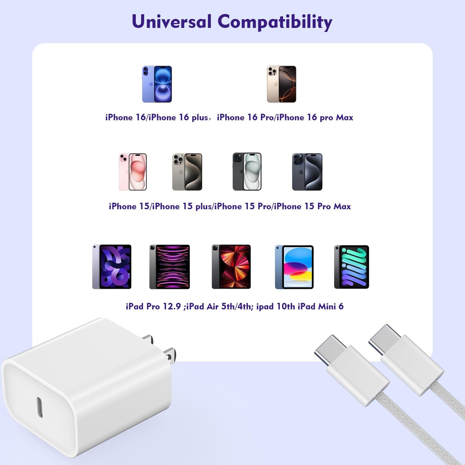 [3 Pack]Long 10FT Iphone 17 16E 15 Charger 20W Fast Wall Charger Block,10Foot USB C to C Braided Woven Cable Fast Charging for Iphone 17 Air/17 Pro/16 Pro/16 Pro Max/16 Plus/15/15 Plus/15 Pro Max/Ipad