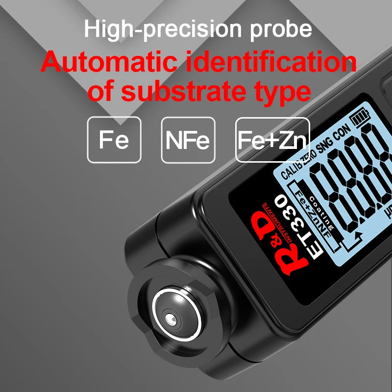R&D Et330+Zn Car Paint Thickness Gauge Electroplate Metal Coating Thickness Gauge for Car 0-1500Um Fe & Nfe Coating Tester Meter