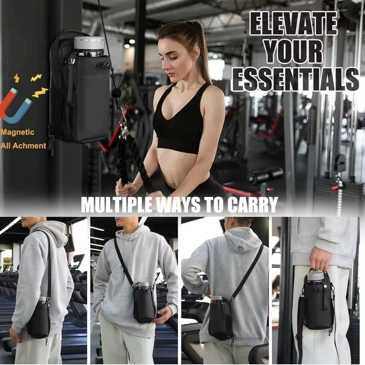 Magnetic Gym Bag Water Bottle Carrier Bag with Shoulder Strap Fitness Workout Magnet Bottle Bag Custom Logo