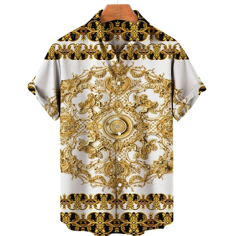 Luxury Baroque Style Shirt for Men Clothing 3D Printed Hawaiian Beach Shirts Short Sleeve Y2K Tops Vintage Lapel Man Clothes