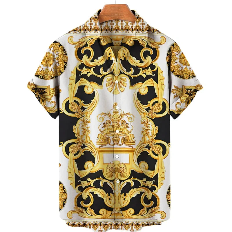 Luxury Baroque Style Shirt for Men Clothing 3D Printed Hawaiian Beach Shirts Short Sleeve Y2K Tops Vintage Lapel Man Clothes