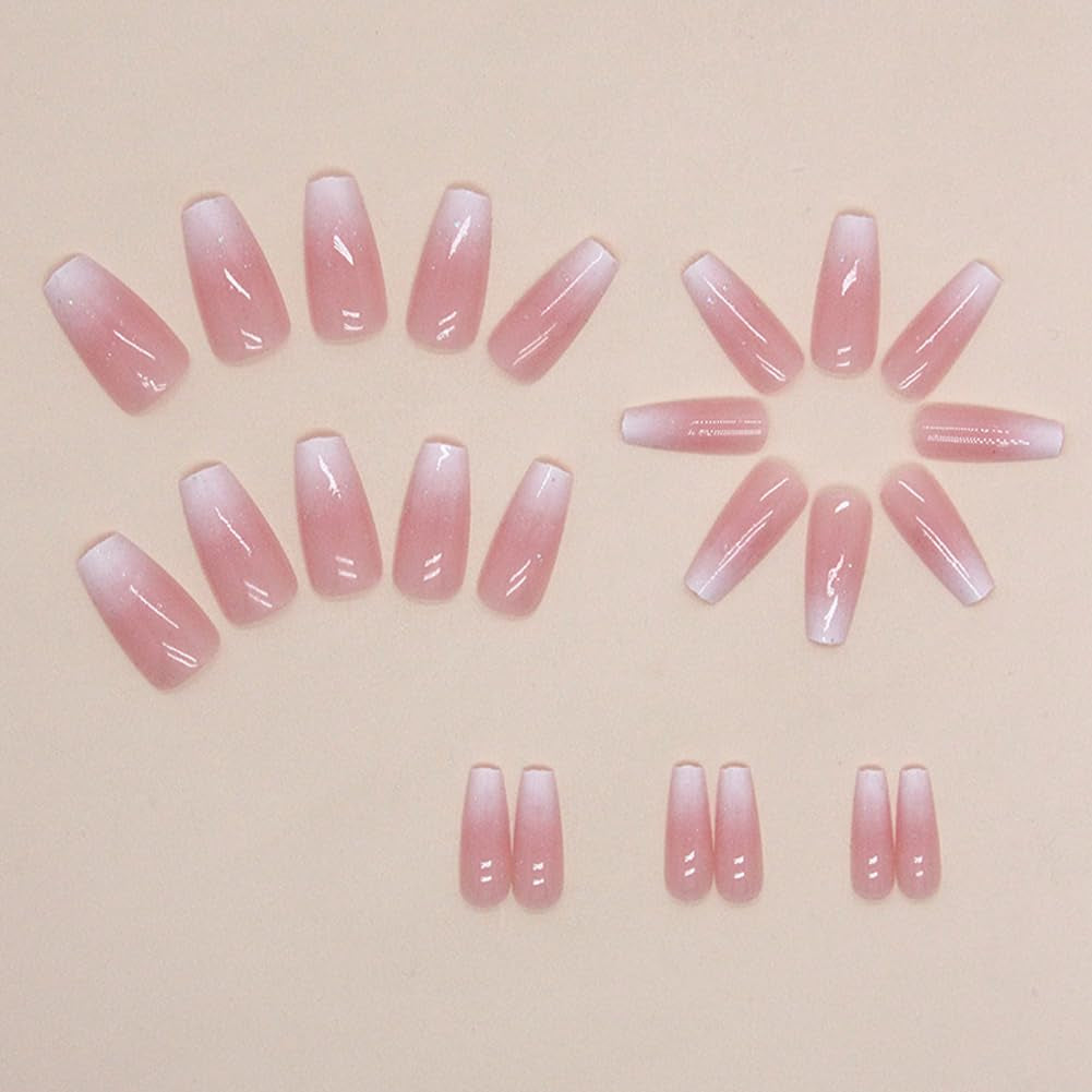 Long Press on Nails Square Fake Nails Pink Ombre Glue on Nails Coffin Press on Nails False Nails with Glossy Glitter Powder Designs Nails Press on Artificial Nails Stick on Nails for Women Girls 24Pcs