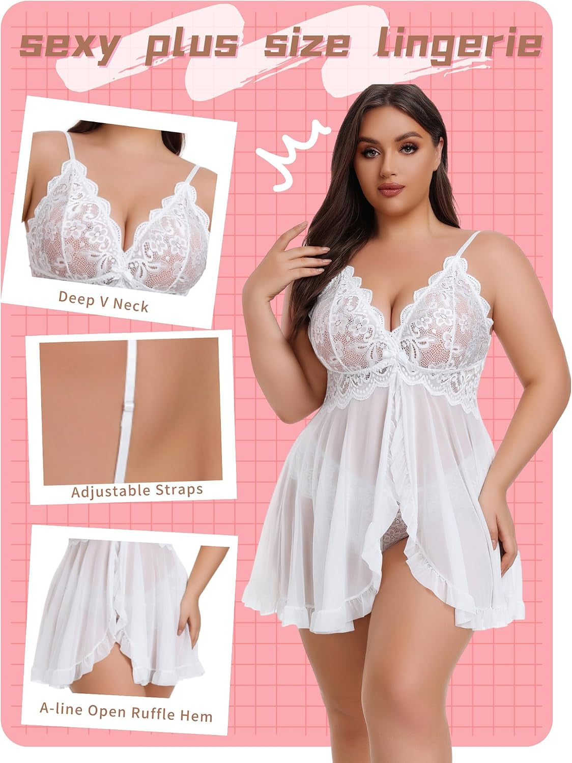 plus Size Lingerie for Women Sexy Open Front Lace Babydoll Dress | V-Neck Sleepwear,Sheer Mesh Lingerie Dress,Nightgown Thong 2 Piece,Chemise Strap Nightdress,Wedding for Bride,Valentines Day