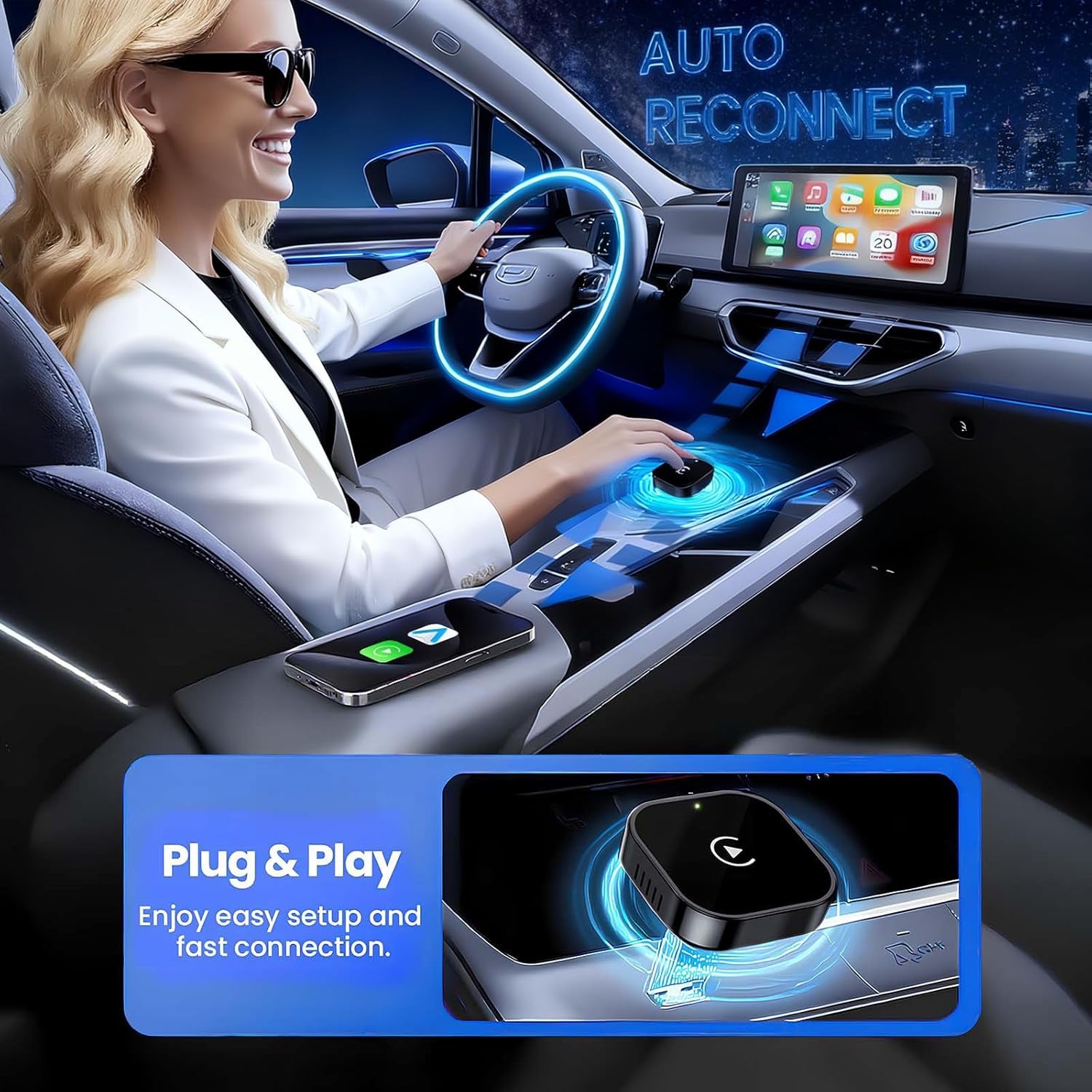 Wireless Carplay Adapter for Apple Iphone & Android, 2-In-1 | Fast Auto-Connect, Stable Connection, Mini Size Plug，Apple Iphone & Android, 2-In-1 Adapter, Convert Wired to Wireless Dongle