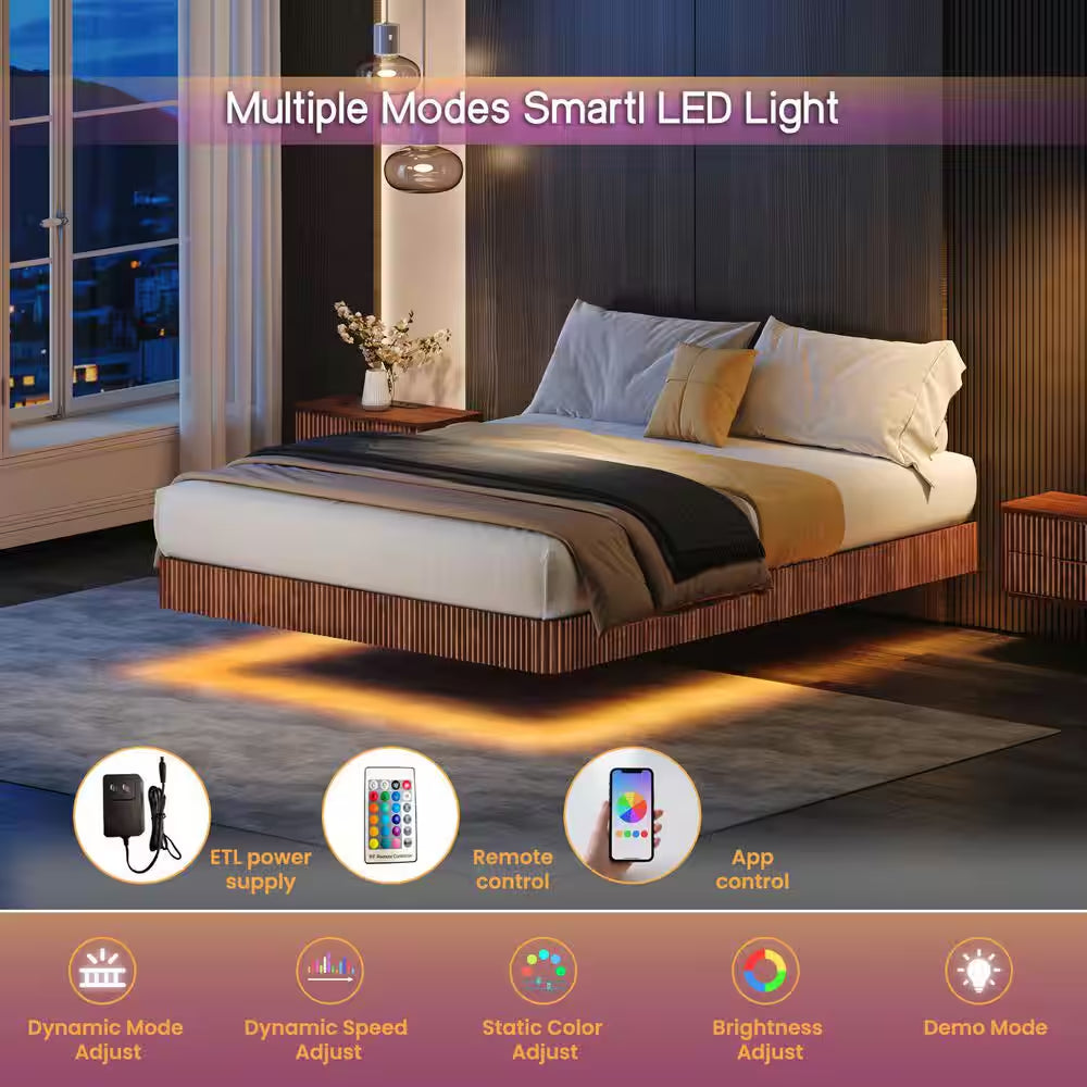 Erwin Walnut Brown Wood Frame Queen Floating Platform Bed with LED Lights, Curve Wood Texture, Metal Slats