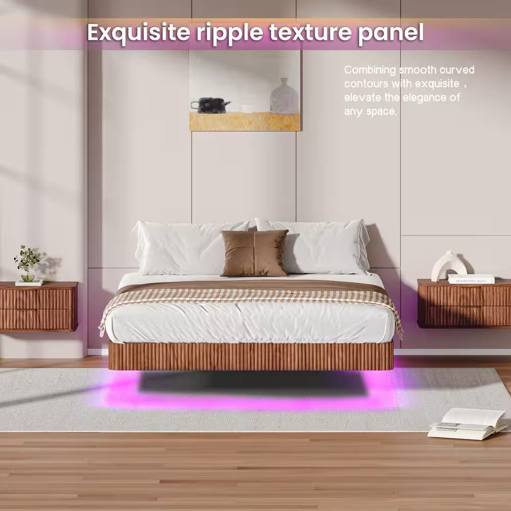 Erwin Walnut Brown Wood Frame Queen Floating Platform Bed with LED Lights, Curve Wood Texture, Metal Slats