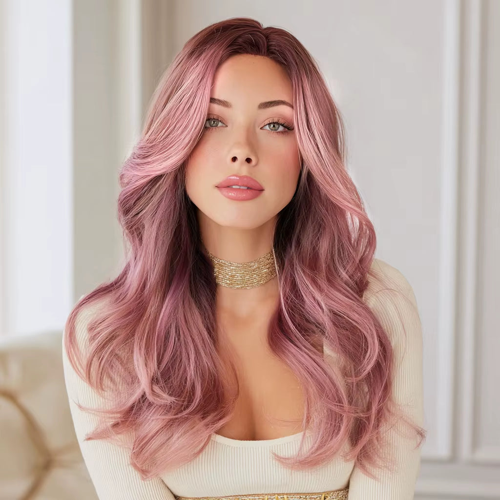2026 New Fashion Ladies Transparent Lace Front Wig Pink Gradient Hair Tail Micro-Volume Synthetic Lace Wig-Sm9658
