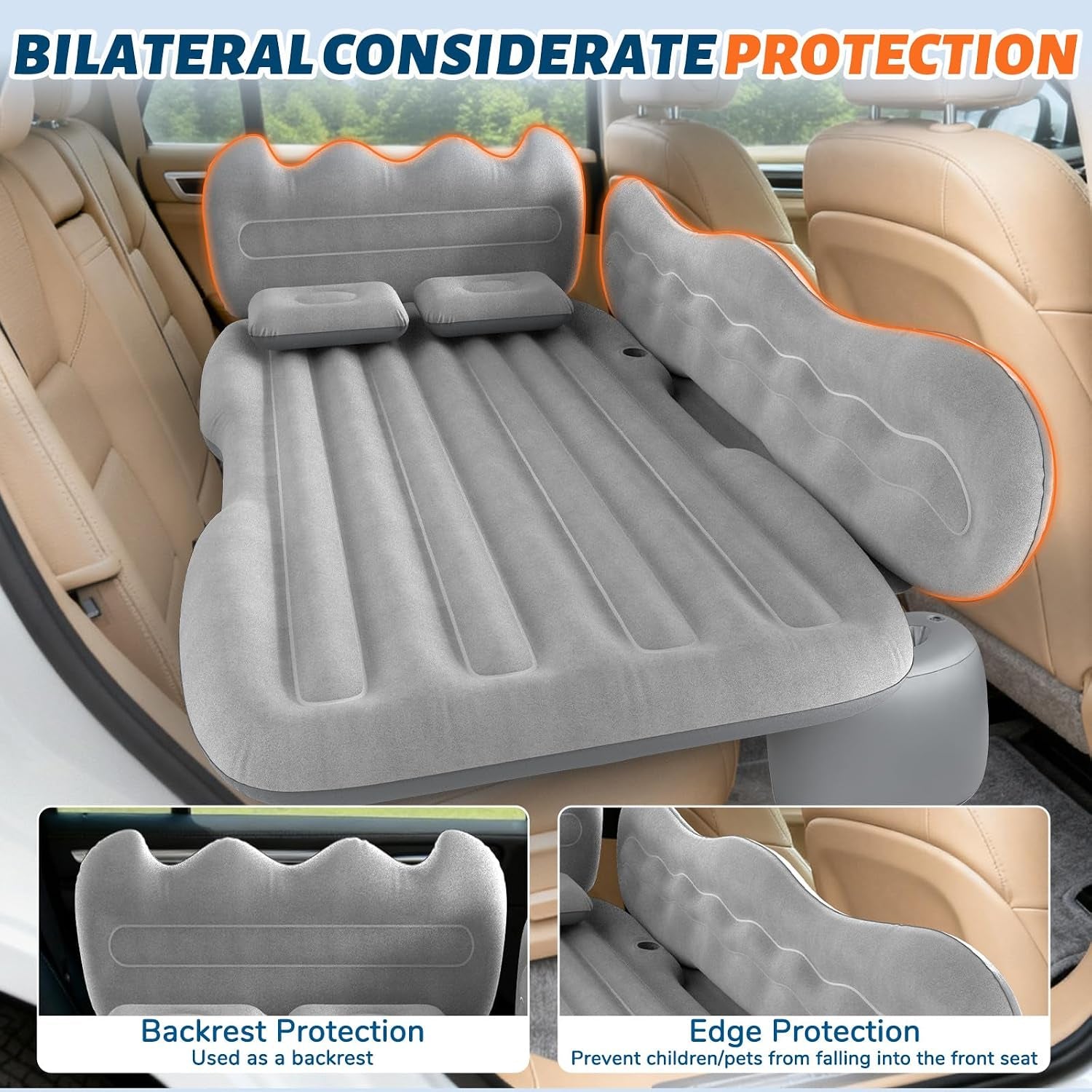 Thickened Inflatable Car Mattress for Back Seat - SUV Air Mattress Bed for Camping & Road Trips, Portable Car Blow up Mattress with Cup Holder, 2 Pillows & Carry Bag - Grey