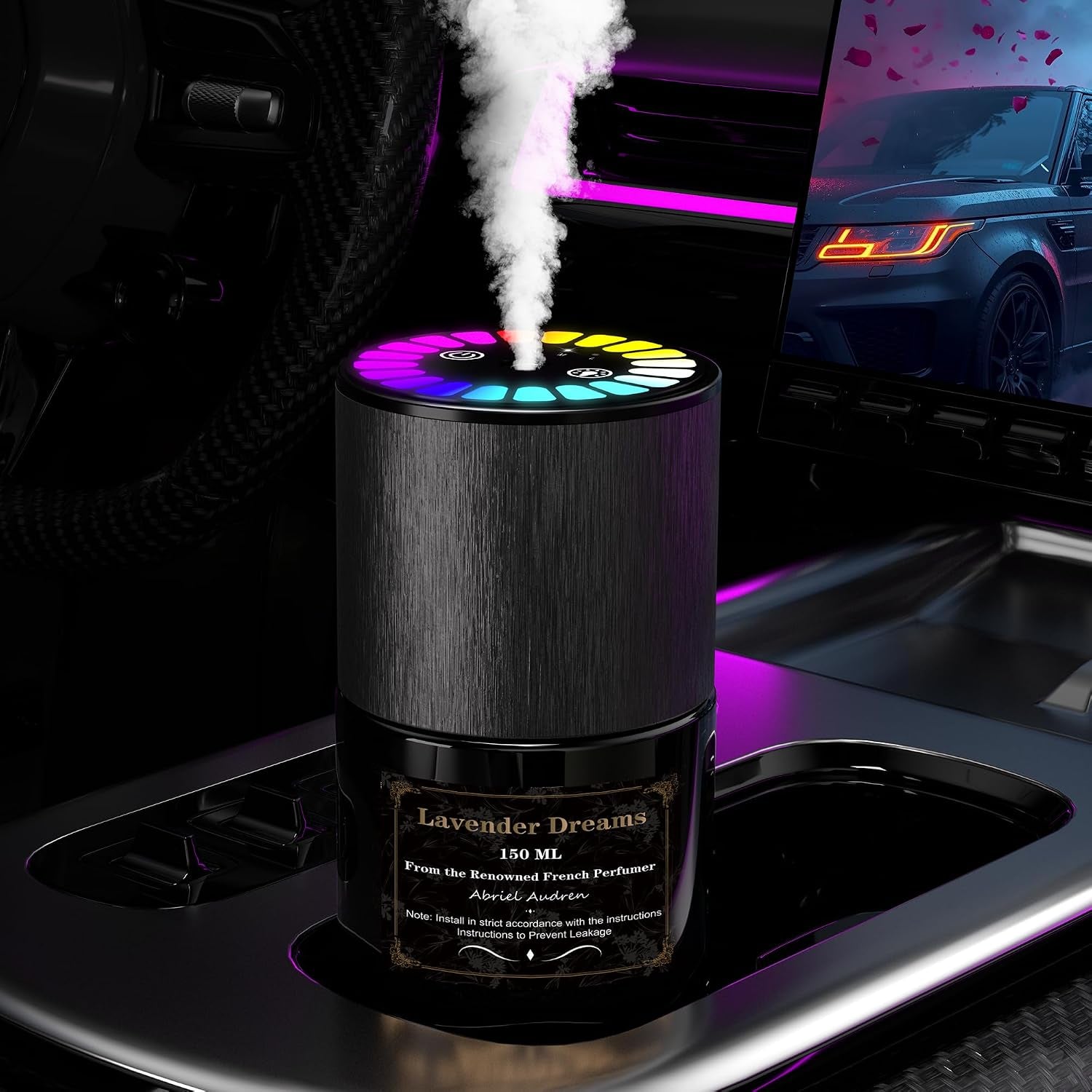 Car Air Freshener, Smart Car Air Freshener, Music-Synced RGB Ambient Lights with Auto On/Off, 150Ml, Suitable for Cars, Homes, Offices, Bedrooms (Lavender)