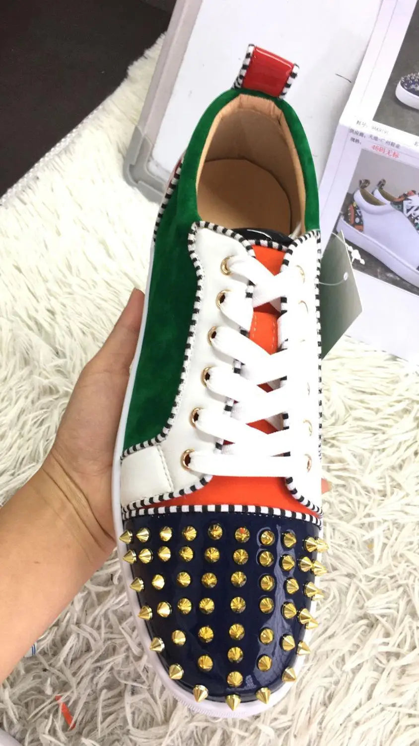 Mixed Color Men'S Casual Flats Shoes Patchwork Spikes Head Lace up Flock Luxury Brand Men Shoes Leisure Style Men Shoes