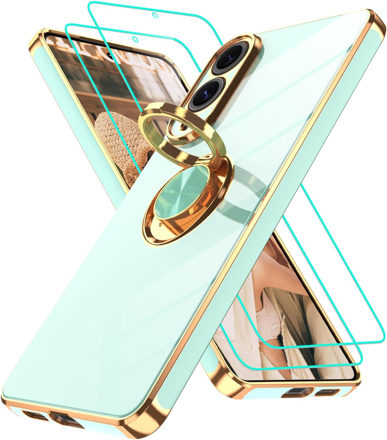 for Samsung Galaxy S25 Edge Case | 2Pcs Screen Protector | 360° Rotation Ring Holder Magnetic Kickstand, Plating Gold Edge Soft TPU Shockproof Protective Cover for S25 Edge, Light Green