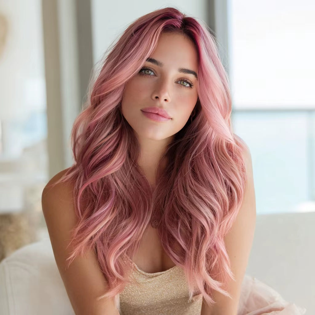 2026 New Fashion Ladies Transparent Lace Front Wig Pink Gradient Hair Tail Micro-Volume Synthetic Lace Wig-Sm9658