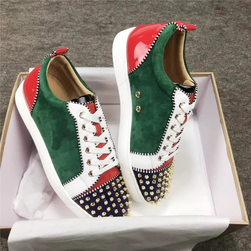 Mixed Color Men'S Casual Flats Shoes Patchwork Spikes Head Lace up Flock Luxury Brand Men Shoes Leisure Style Men Shoes