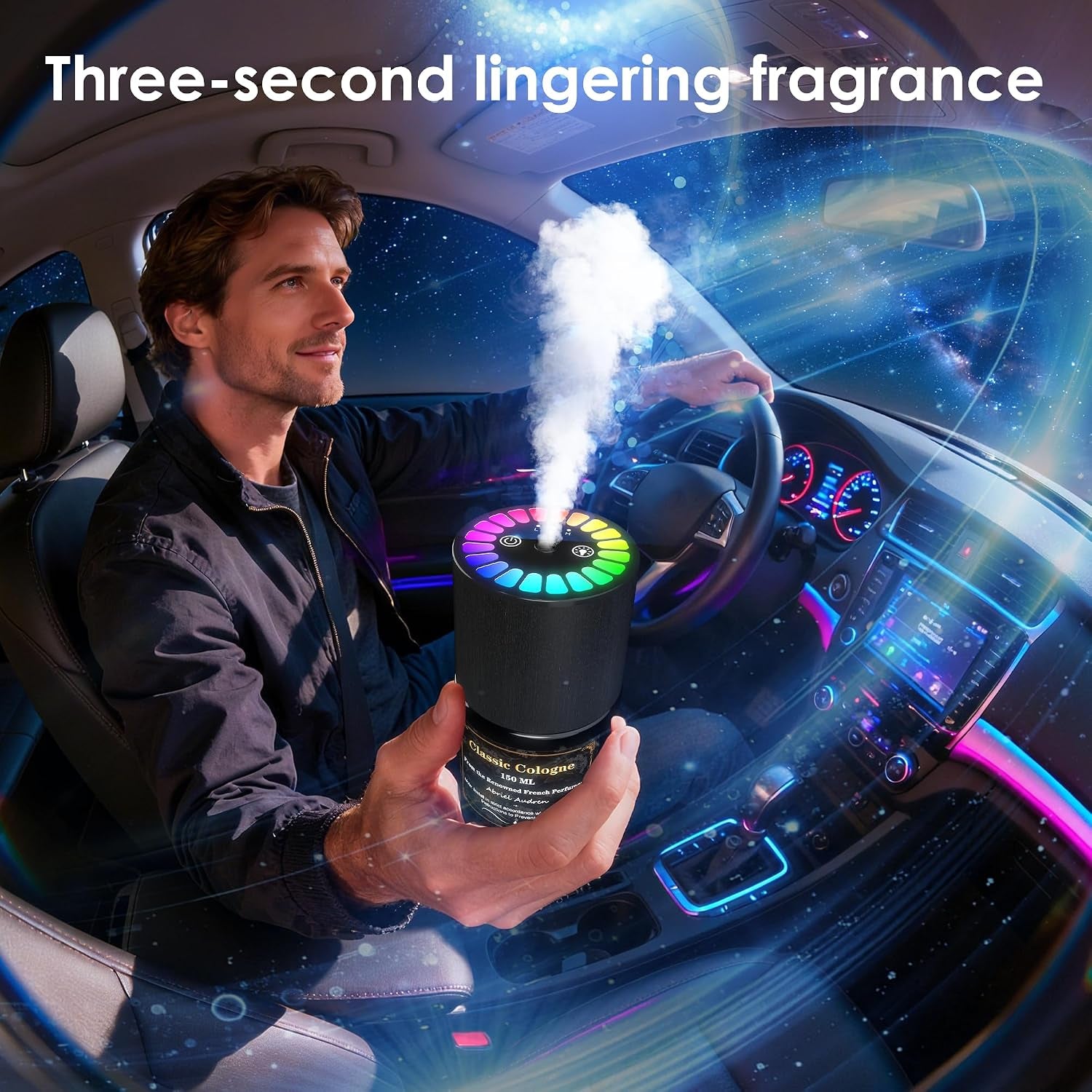 Car Air Freshener, Smart Car Air Freshener, Music-Synced RGB Ambient Lights with Auto On/Off, 150Ml, Suitable for Cars, Homes, Offices, Bedrooms (Lavender)