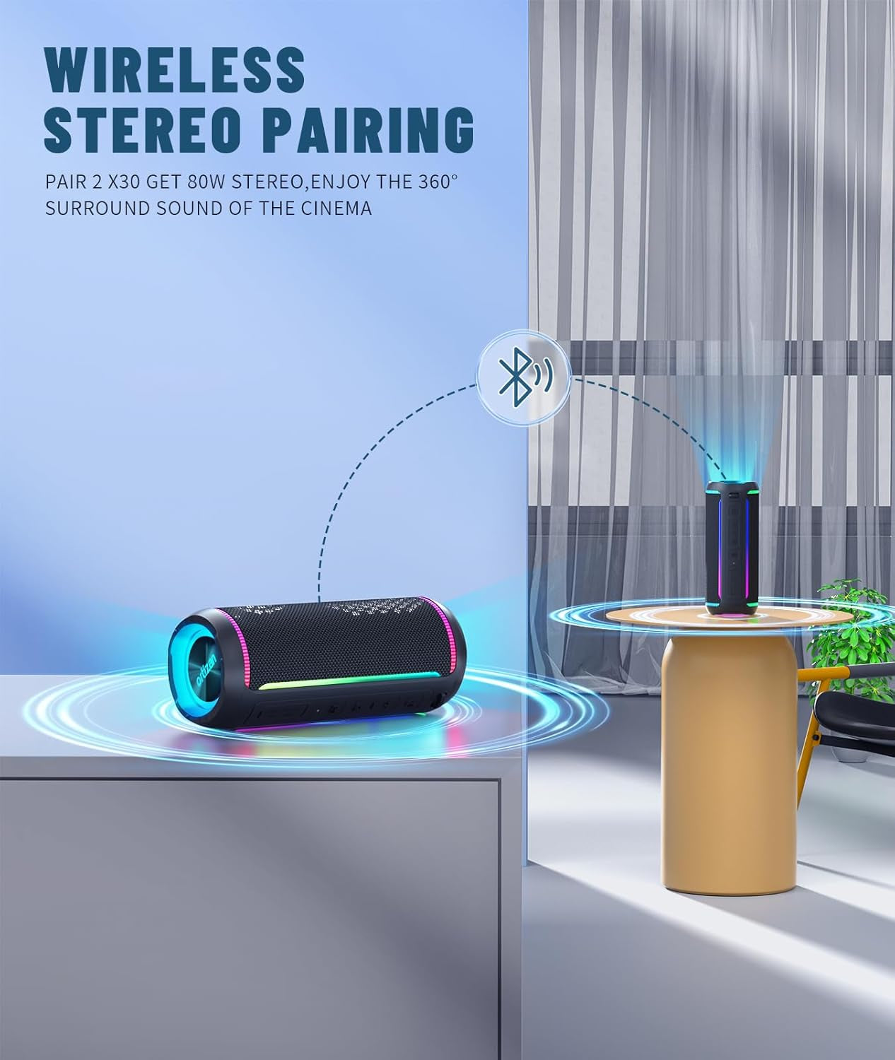 X30 Portable Bluetooth Speaker (3Rd Gen), 40W Loud Bass, Black | IPX7 Waterproof for Pool Parties & Outdoor Adventures, 30-Hour Battery, Beat-Synced LED Lights, Wireless Stereo Pairing