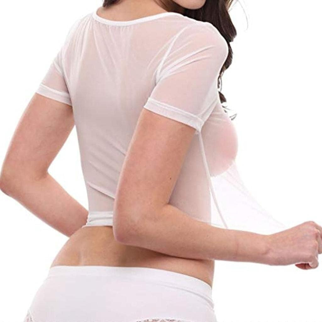 Women'S Sheer Lace Lingerie Mesh Short Sleeve Crop Tops Sexy T Shirt See through Sleepwear Casual Comfort Underwear